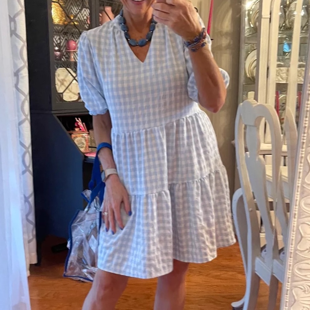 Gingham Puff Sleeve Sundress Light Blue - Medium